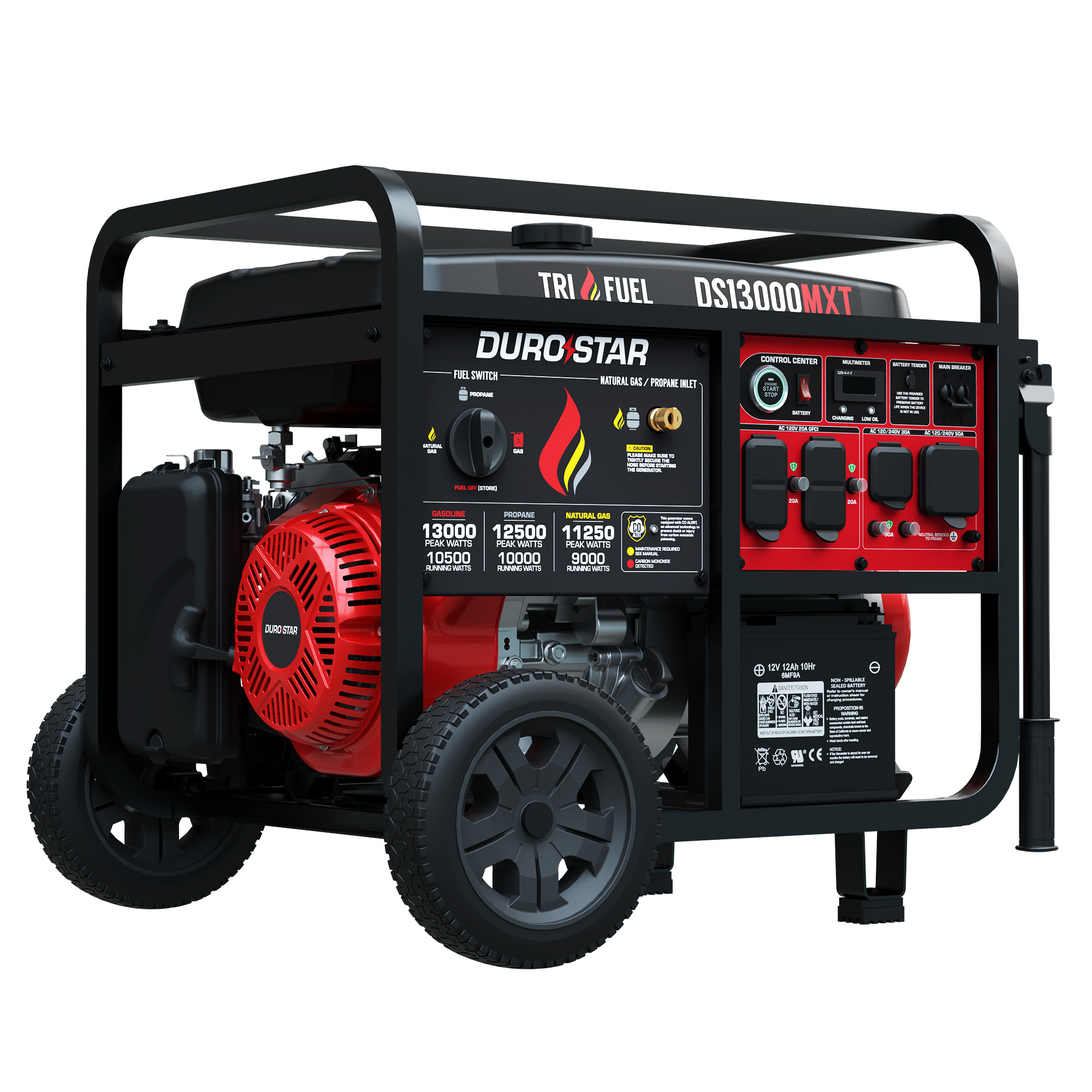 DuroStar DS13000MXT 13,000-Watt/10,500-Watt 500cc Portable Tri Fuel Portable Generator w/ CO Alert
